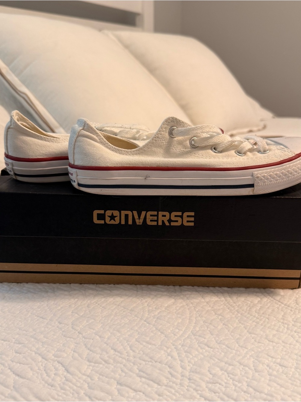 Converse Kids White Low-Top Canvas Sneakers with Red & Navy Stripe